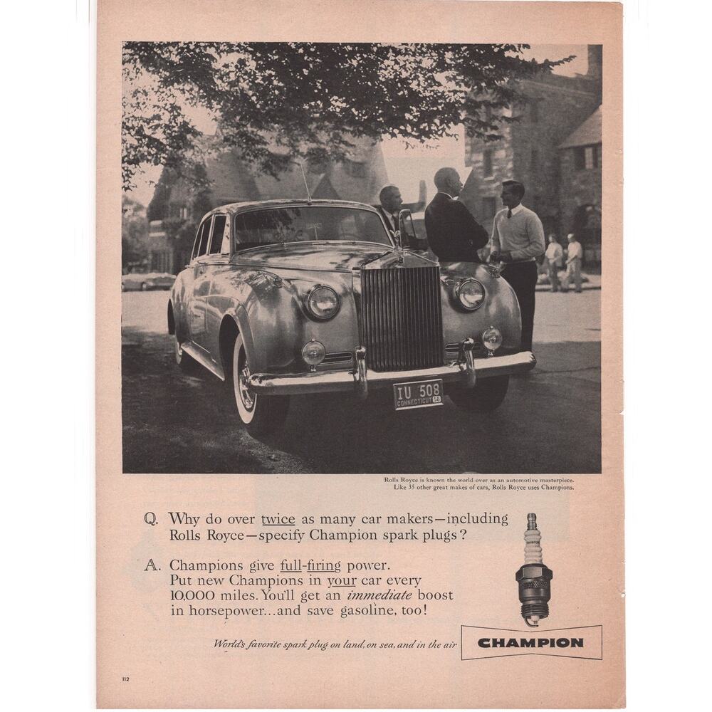 Champion Spark Plug Magazine Advertisement 1958 Vintage Automobile Rolls Royce